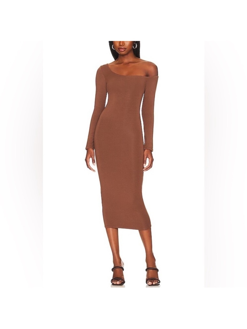NWT Re Ona One-Shoulder Long Sleeve Midi Dress in Chocolate ✨